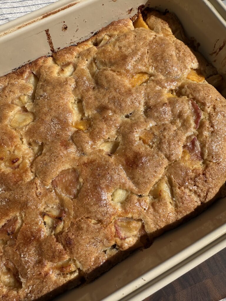 Peach Buttermilk Slab Cake with Sugary Crust Top